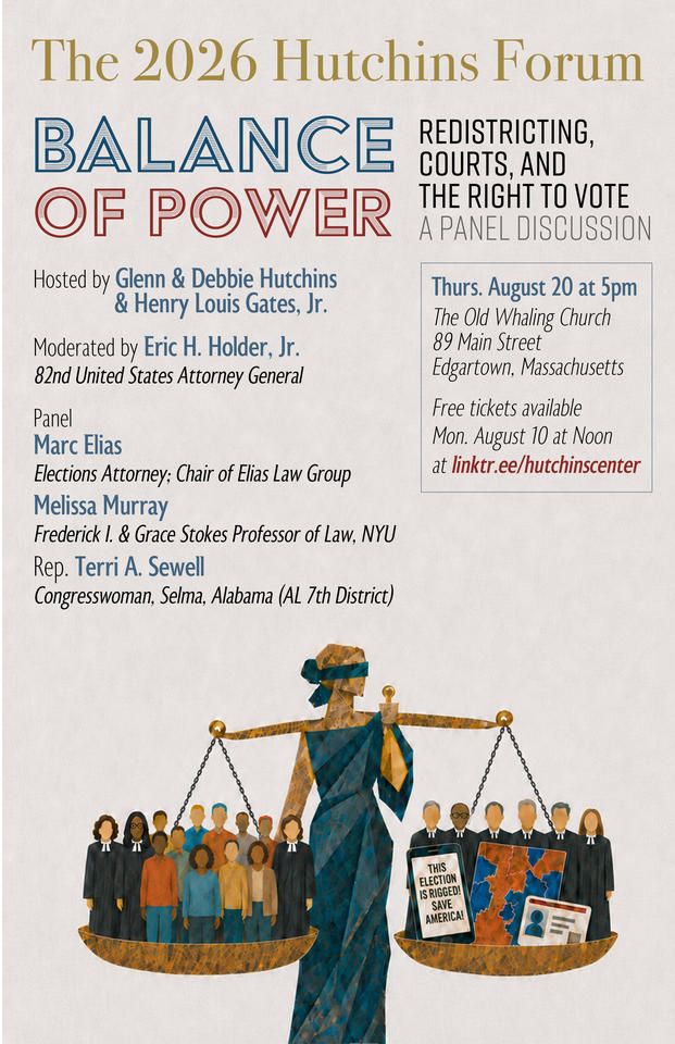 Hutchins Forum flyer (text repeated below) with image of the scales of justice, with Supreme Court justices split between the sides