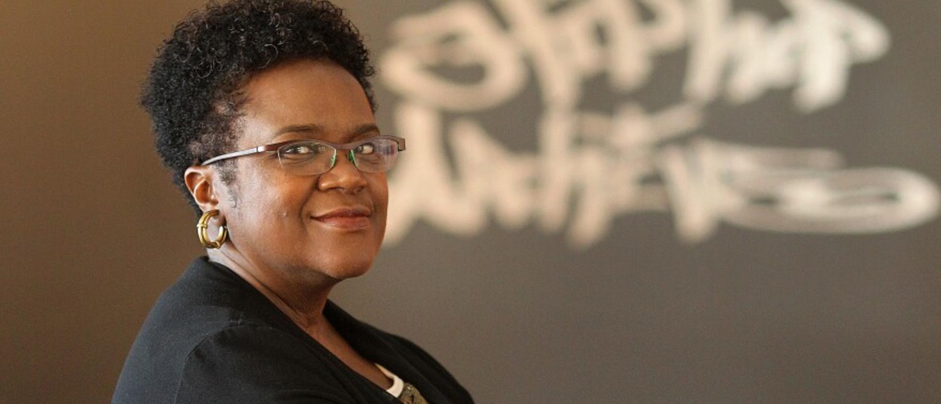 Marcyliena Morgan in front of the Hiphop Archive